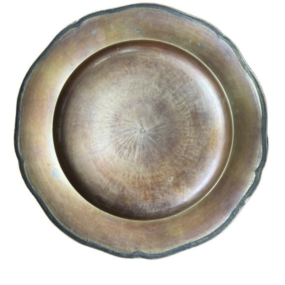 Brass Scalloped 10” Plate Made in Korea Marked Patina MCM Vintage Set of Six (6)
